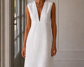 Linen Midi Dress Deep V Neck Sleeveless Structured Fitted, Hand-Tailored, Linen Dress Women, Minimalist Elegant Dress