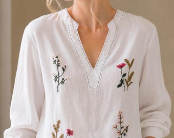 Embroidered Linen Blouse, Floral V-Neck Long Sleeve White Linen Top for Women