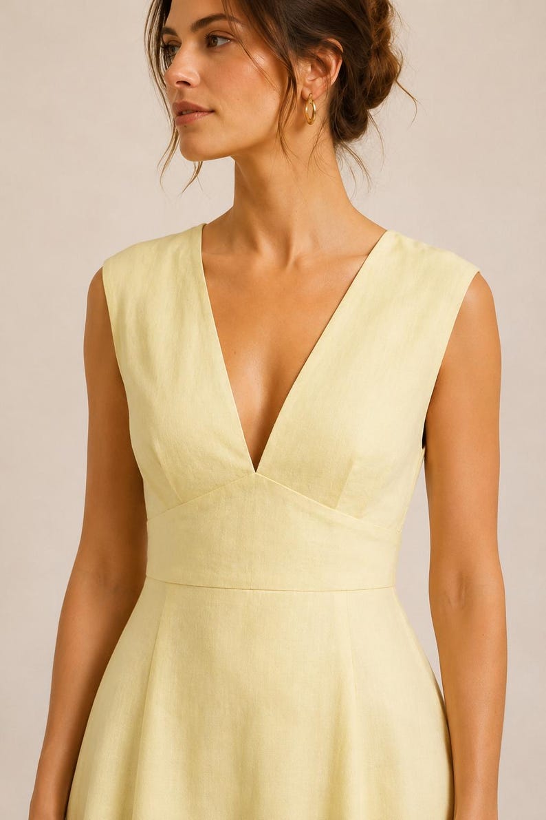 Puede incluir: Un vestido sin mangas de color amarillo p&aacute;lido con un escote en V profundo, un corpi&ntilde;o ajustado con una costura definida en la cintura y un acabado de tela texturizada. La prenda tiene tirantes anchos y una silueta estructurada y limpia.