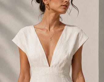 Linen Maxi Dress Sleeveless V Wrap Contrast Piping Buttons, Hand-Tailored Linen Dress Women, Resort Wedding Guest