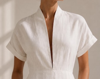 linen midi dress deep v linen dress short sleeve dress a line linen dress linen dress pockets fitted linen dress plunge neck dress summer li