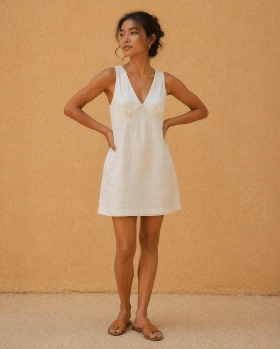 Handmade Linen Dress, Ivory Midi, V Neck, Casual