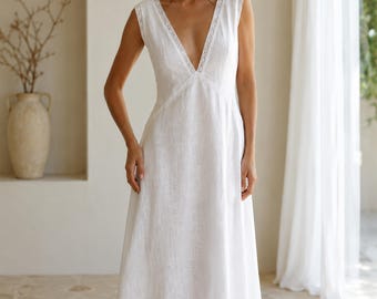 Linen Maxi Dress Deep V Neck Lace Trim Empire Waist Sleeveless, Hand-Tailored, Linen Dress Women, Bridal Wedding