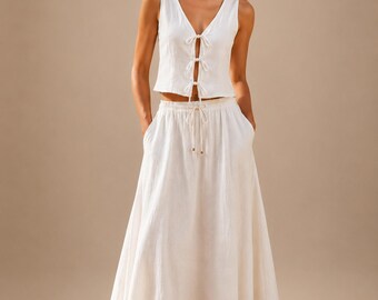 Summer Linen Set, Front Crop Top Wide Leg Pockets Pants, Hand-Tailored, Linen Set Women, Resort Vacation Two Piece set