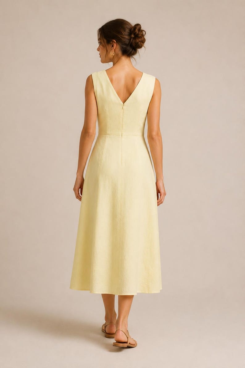 Puede incluir: Un vestido midi sin mangas de color amarillo p&aacute;lido con escote en V en la espalda, cuerpo entallado con cintura definida y falda acampanada en forma de A que llega por debajo de las rodillas. La prenda incluye una cremallera vertical central.
