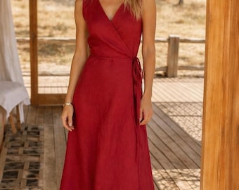 Burgundy Linen Wrap Midi Dress, Sleeveless V Neck, Tie Waist Beach Wedding Guest Dress