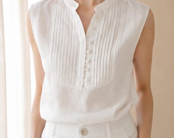 Sleeveless Linen Blouse, Pintuck Button Front Band Collar Top, Minimalist Summer Linen Top