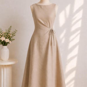 Sage Green Linen Midi Dress, Sleeveless Boat Neck, Side Ruched Tie, Hand-Tailored Dress image 5