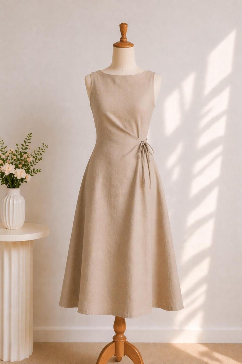 Sage Green Linen Midi Dress, Sleeveless Boat Neck, Side Ruched Tie, Hand-Tailored Dress image 5