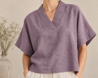 V Neck Linen Top, Short Sleeve Relaxed Boxy Fall Linen Blouse for Women