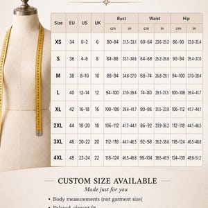 May include: A size guide chart titled Women's Size Guide featuring a beige dress form with a yellow measuring tape. The table lists sizes XS through 4XL with corresponding EU, US, and UK sizes, plus bust, waist, and hip measurements in cm and inches.