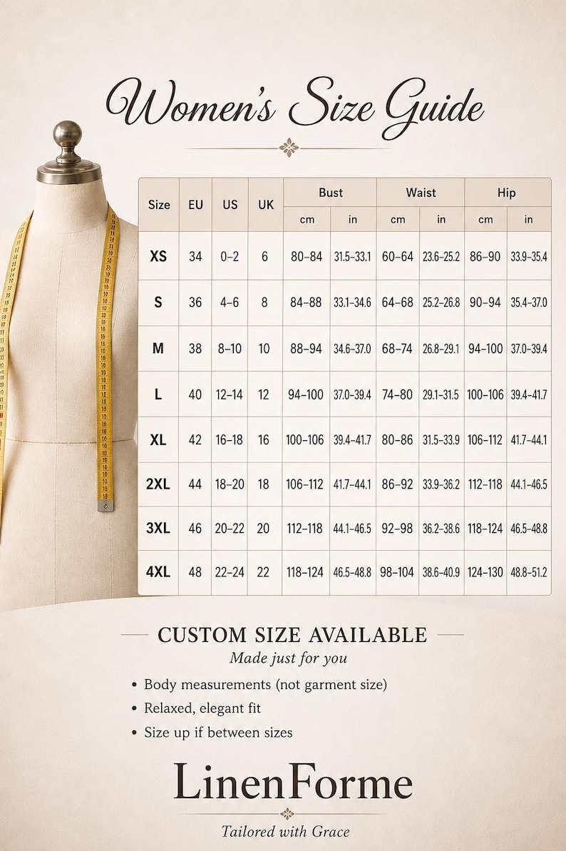 May include: A size guide chart titled Women's Size Guide featuring a beige dress form with a yellow measuring tape. The table lists sizes XS through 4XL with corresponding EU, US, and UK sizes, plus bust, waist, and hip measurements in cm and inches.