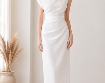 Linen Midi Dress Off Shoulder Asymmetric Ruched Column, Hand-Tailored, Linen Dress Women, Elegant Evening Party Dress