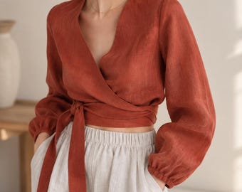 Linen Wrap Blouse, Long Sleeve V Neck Tie Waist Fall Linen Top for Women