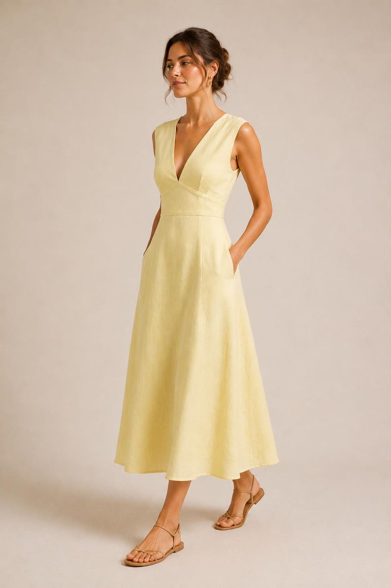 Puede incluir: Un vestido midi sin mangas en tono amarillo p&aacute;lido, con escote en V profundo, cuerpo ajustado y falda acampanada con bolsillos laterales. El vestido presenta una silueta limpia y estructurada que llega hasta la altura de la pantorrilla.