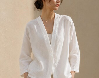 Linen Kimono jacket Open Front 3/4 Sleeve Relaxed, Hand-Tailored, Linen Top Women, Smart Casual Layering Jacket