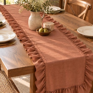 Ruffle Linen Table Runner, Frilled Border Custom Length Runner, Cottage Wedding Table Decor, Handmade Dining Table Linen