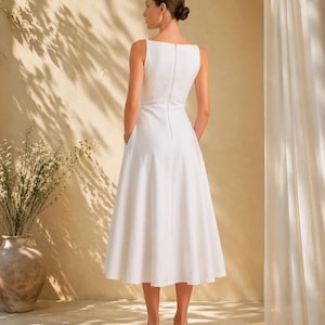 Linen Midi Dress, Sleeveless Boat Neck, Fitted Waist A-Line, Minimalist Bridal Gown image 3
