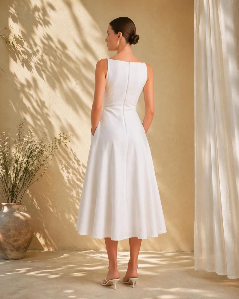 Linen Midi Dress, Sleeveless Boat Neck, Fitted Waist A-Line, Minimalist Bridal Gown image 3