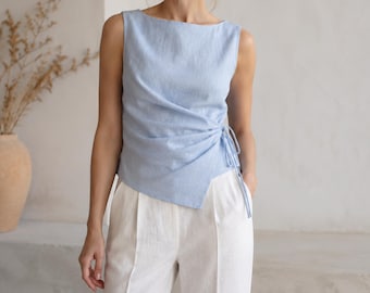 Ruched Linen Top, Sleeveless Boat Neck Side Tie Blouse, Asymmetric Summer Linen Top