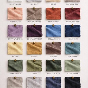 Linen fabric color chart displaying more than 20 neutral, earthy, pastel, green, blue, purple, and dark color options.