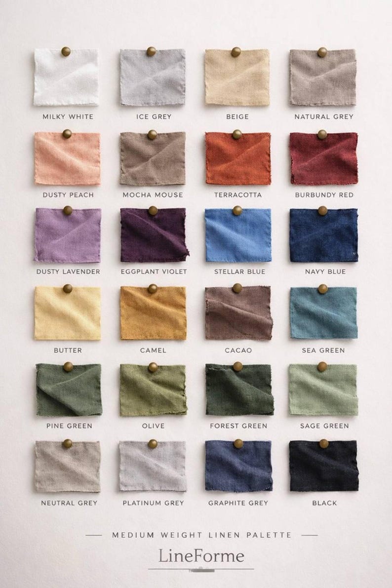 Linen fabric color chart displaying more than 20 neutral, earthy, pastel, green, blue, purple, and dark color options.