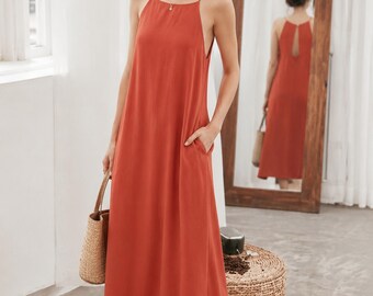 Linen Maxi Dress Square Neck Spaghetti Strap Open Back Pockets, Hand-Tailored, Linen Dress Women, Resort Vacation