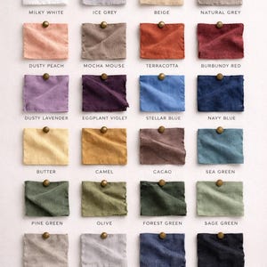May include: A color palette chart titled Medium Weight Linen Palette by LineForme, featuring twenty-four rectangular linen fabric swatches in various colors, each pinned with a brass tack and labeled with names like Milky White, Terracotta, and Black.