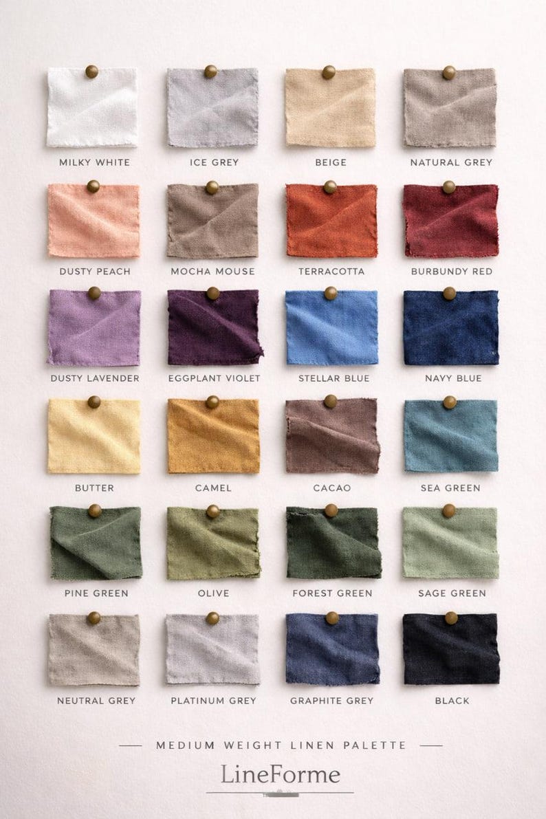 May include: A color palette chart titled Medium Weight Linen Palette by LineForme, featuring twenty-four rectangular linen fabric swatches in various colors, each pinned with a brass tack and labeled with names like Milky White, Terracotta, and Black.