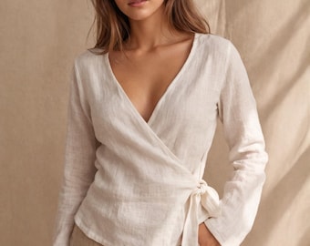 Ivory Linen Wrap Top, Deep V Neck, Side Knot Tie Blouse, Hand-Tailored Women's Elegant