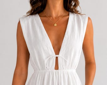 Linen Maxi Dress Deep V Neck Keyhole Tie Front Sleeveless A-Line, Hand-Tailored, Linen Dress Women, Resort Vacation