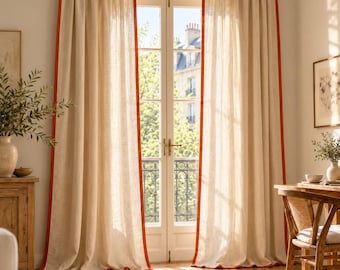 Contrast Border Linen Curtain, Custom Size Two Tone Drapes, Light Filtering Linen Curtain Panel