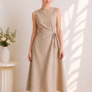 Sage Green Linen Midi Dress, Sleeveless Boat Neck, Side Ruched Tie, Hand-Tailored Dress image 4