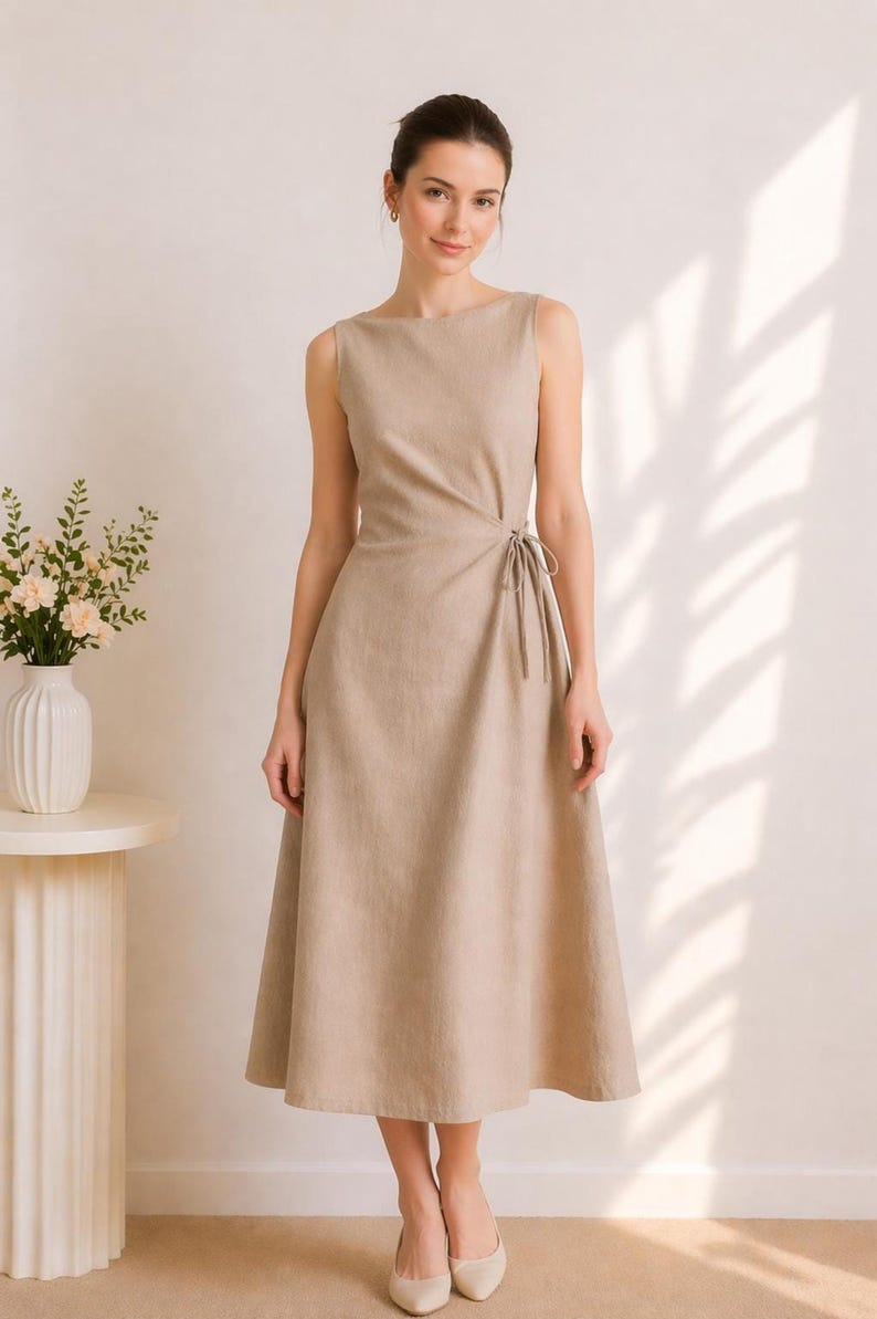 Sage Green Linen Midi Dress, Sleeveless Boat Neck, Side Ruched Tie, Hand-Tailored Dress image 4