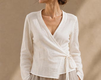 Linnen wikkelblouse, top met lange mouwen en V-hals en gestrikte taille, nette vrijetijdswerkkleding voor dames