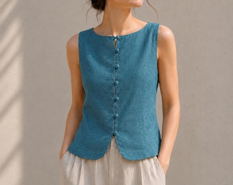 Sleeveless Linen Vest Top, Button Front Fitted Blouse, Minimalist Summer Linen Top for Women
