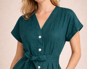 Teal Linen Wrap Maxi Dress, Button Front, V Neck, Sleeveless, Pockets, Wedding Guest