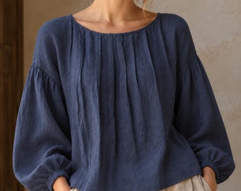 Pleated Linen Top, Round Neck Bishop Sleeve Relaxed Fall Linen Top for Women