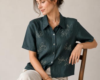Embroidered Linen Blouse, Floral Short Sleeve Button-Up Shirt, Relaxed Summer Linen Top