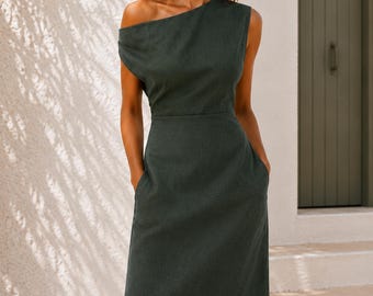 Linen One Shoulder Dress Sleeveless Fitted Knee Pockets, Hand-Tailored, Linen Dress Women, Smart Casual Cocktail Event Dress