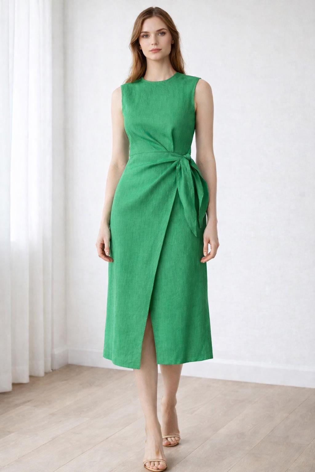 emerald green linen dress Soft Sleeveless, Crew Neck Linen Midi Dress Side Bow Wrap Slit, Handmade Summer Linen Dress, Bold Statement Dress __label:Final Sale