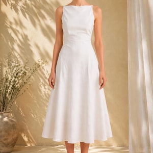 Linen Midi Dress, Sleeveless Boat Neck, Fitted Waist A-Line, Minimalist Bridal Gown image 4