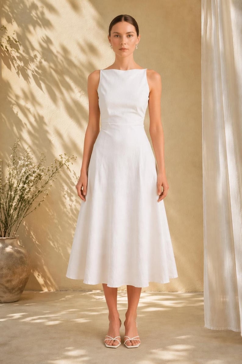 Linen Midi Dress, Sleeveless Boat Neck, Fitted Waist A-Line, Minimalist Bridal Gown image 4