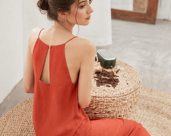 Linen Maxi Dress Square Neck Spaghetti Strap Open Back Pockets, Hand-Tailored, Linen Dress Women, Resort Vacation