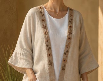 Geborduurd linnen kimonojack, cropped vest met open voorkant, dameslaag met 3/4 mouw