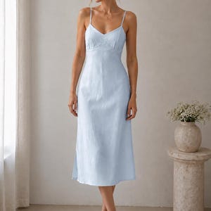 Linen Midi Dress Spaghetti Strap Sweetheart Slip Side Slit, Hand-Tailored, Linen Dress Women, Minimalist Summer Dress image 2