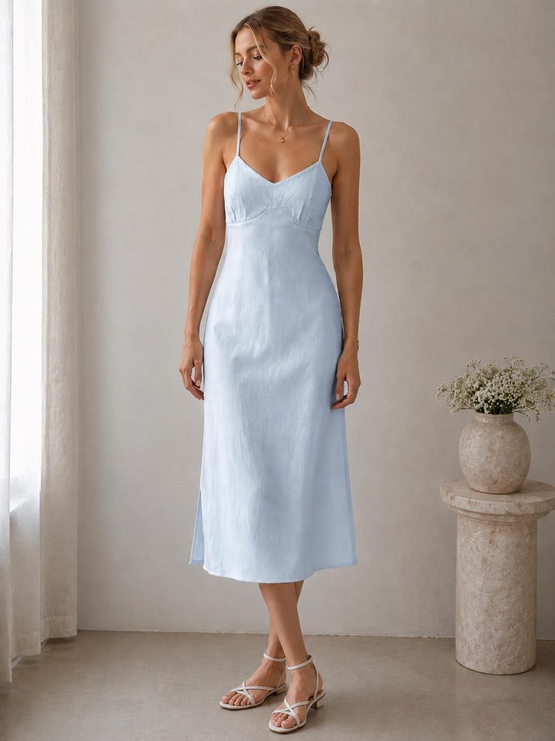 Linen Midi Dress Spaghetti Strap Sweetheart Slip Side Slit, Hand-Tailored, Linen Dress Women, Minimalist Summer Dress image 2