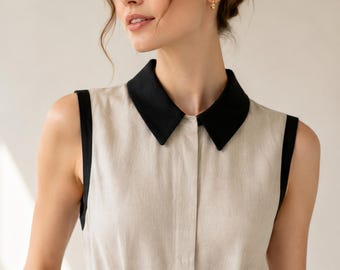 Linen Shirt Dress, Contrast Collar Sleeveless Tie-Waist A-Line Dress with Pockets