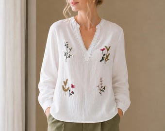 Embroidered Linen Blouse, Floral V-Neck Long Sleeve White Linen Top for Women