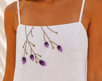 Embroidered Linen Maxi Dress, Spaghetti Strap Square Neck A-Line Summer Vacation Dress